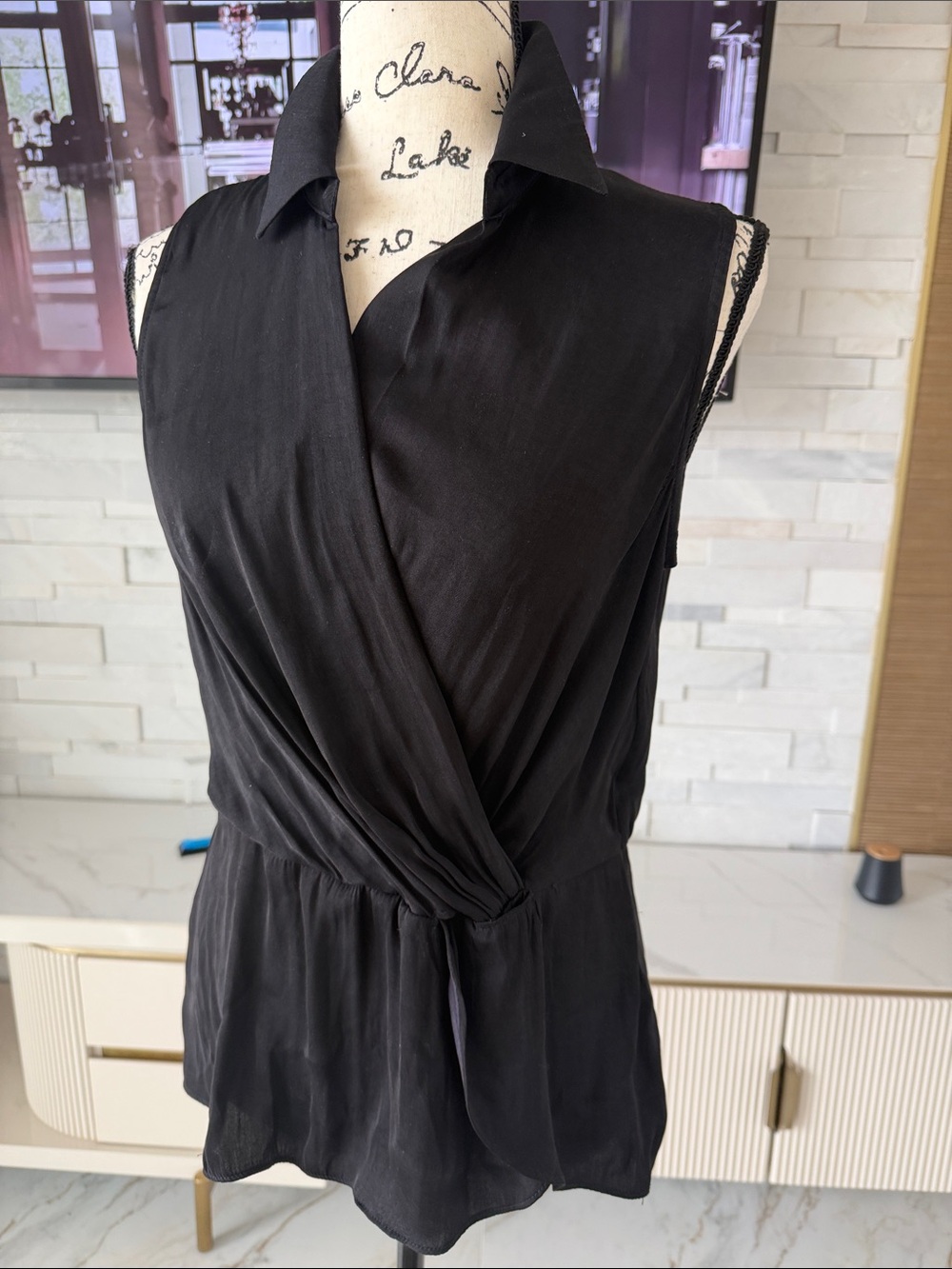 Tahari Sleeveless Black Wrap-Front Top